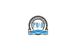 A blue and white logo of the pmr