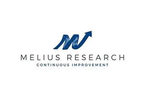 A blue and white logo of melius research